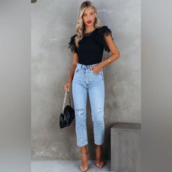 09 Swiss Dot Black Mesh Ruffle Sleeve Fitted Top - Picture 7 of 9